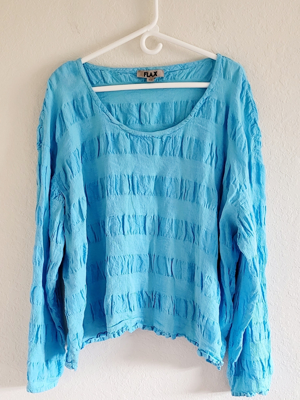 Flax Turquoise Blue Crinkled Long Sleeve Scoop Neck Top. Size 1X/1G.